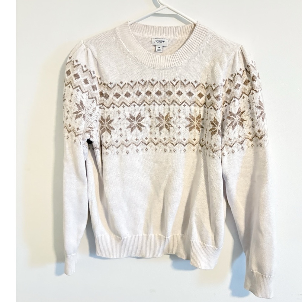 J.Crew Factory 100% Cotton Fair Isle Ivory Brown Crewneck‎ Sweater
